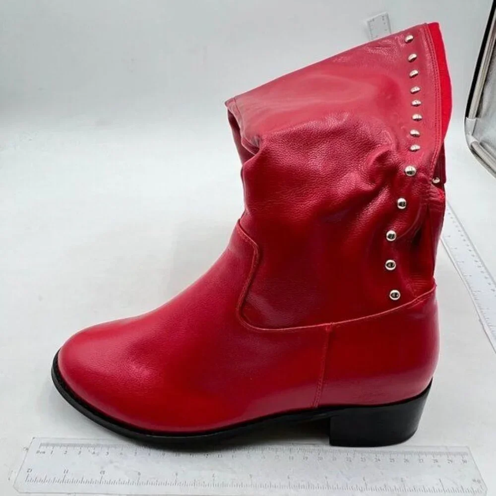 Women Regular Round Toe Flat Riding Knee High Boots Chunky Low Heel Red